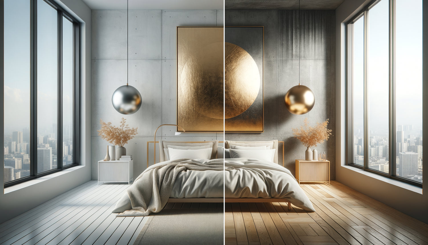 Chambre minimaliste sobre perturbée par tableau doré créant rupture visuelle et reflets métalliques