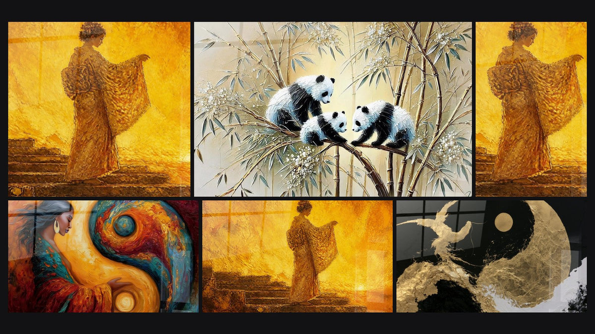 Mosaïque de six tableaux, dont Geisha ocre et doré sur escalier, Femme aux cheveux gris et symbole doré et Gardiens du Bambou