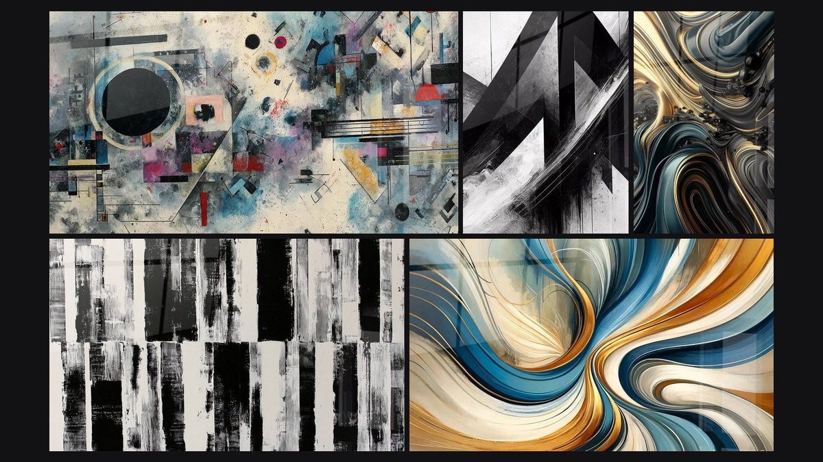 Mosaico de cinco cuadros, entre ellos Composición abstracta geométrica, Trayectorias Fracturadas y Ondulaciones Opulentas