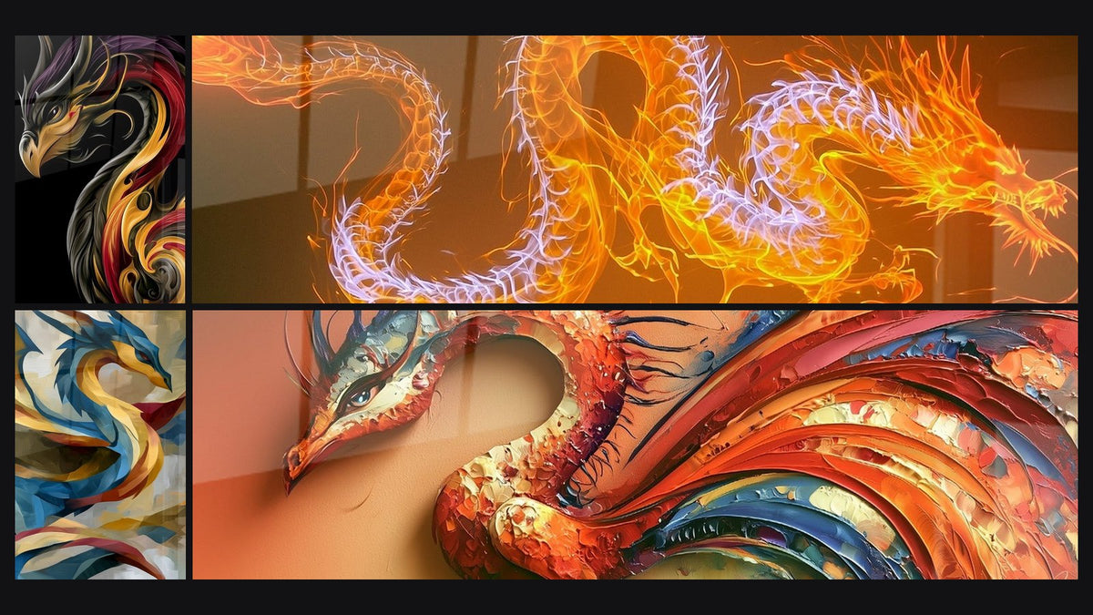 Mosaïque de quatre tableaux, dont Dragon noir et doré au bec crochu recourbé et Dragon aux écailles orange et bleues