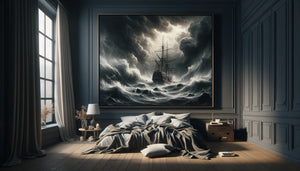 Tableau sombre et dramatique représentant une tempête dans une chambre intime, illustrant l'impact négatif sur l'ambiance