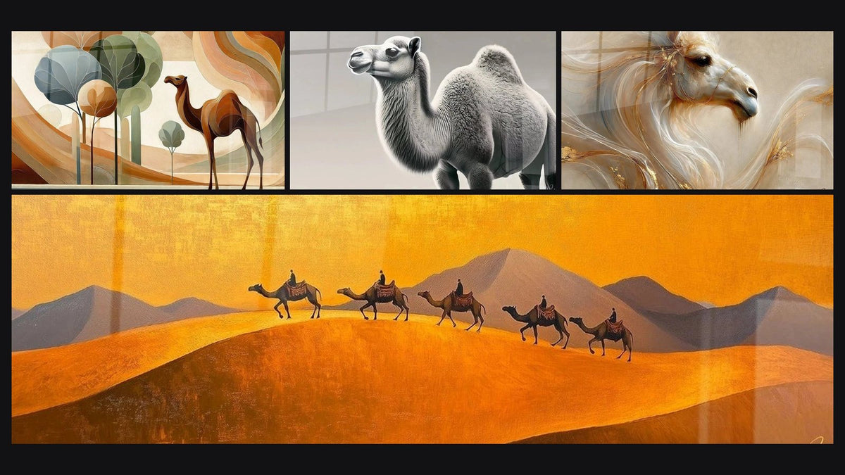 Mosaïque de quatre tableaux, dont Oasis d'Élégance, Héritier des Dunes et Dromadaire Âme du sable