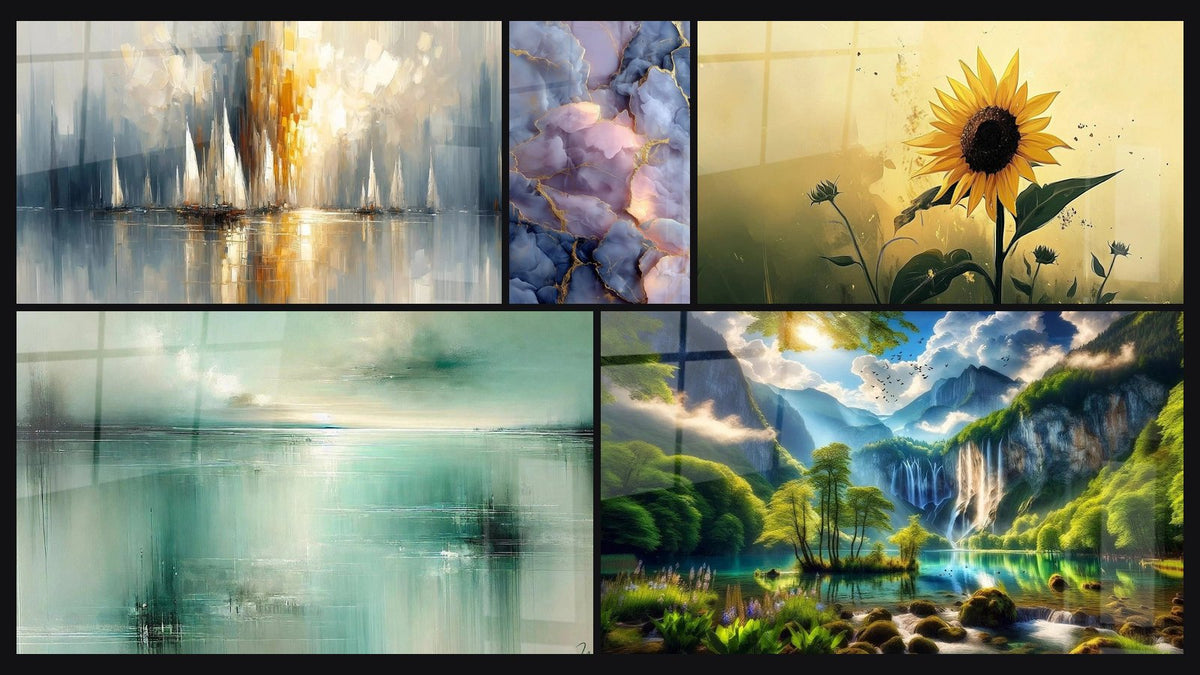 Mosaïque de cinq tableaux, dont Aurore sur la Baie, Nuages Bleus et Dorés avec Veines Marbrées et Reflets de Jade