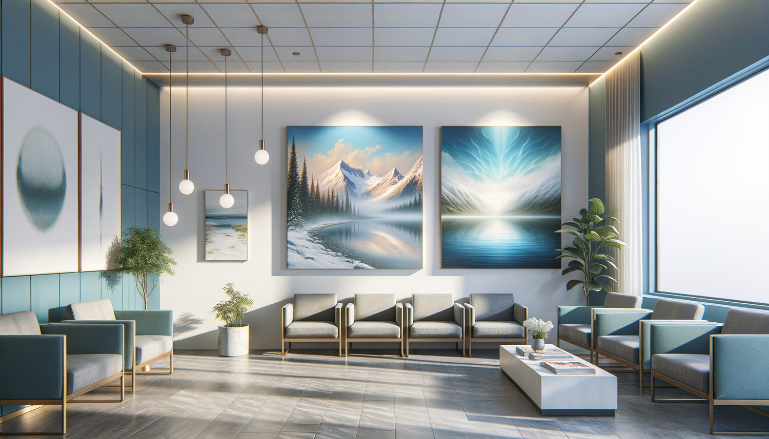 Salle d'attente de cabinet de cardiologie avec tableaux de montagne et d'eau côte à côte pour ambiance apaisante