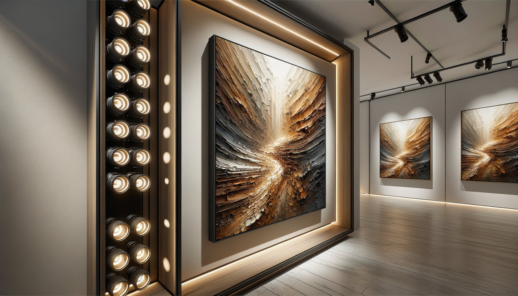Tableau texturé éclairé par spots LED professionnels dans un cabinet moderne, démonstration de l'interaction lumière artificielle et peinture