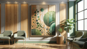Tableau éco-responsable sur bois recyclé aux tons naturels apaisants dans cabinet médical moderne avec plantes