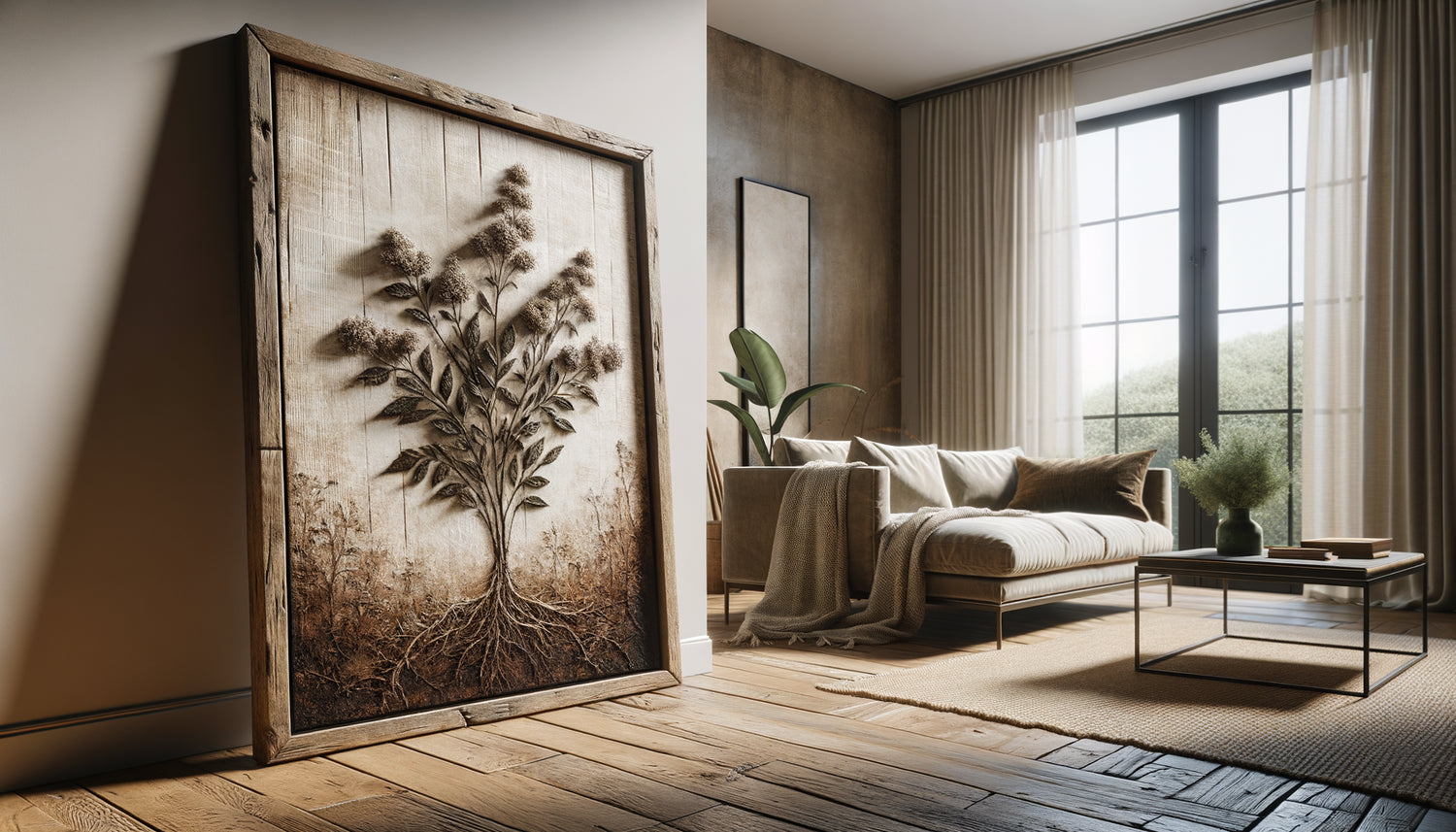 Tableau écologique en matériaux durables avec encres végétales dans un Airbnb green, cadre en bois recyclé