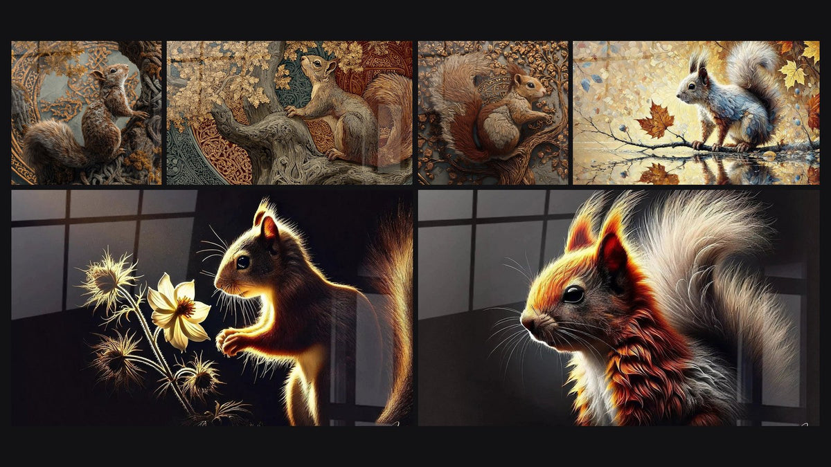 Mosaik aus sechs Gemälden, darunter Ornamentale Eichhörnchen-Tafel und Das Eichhörnchen und der Stern