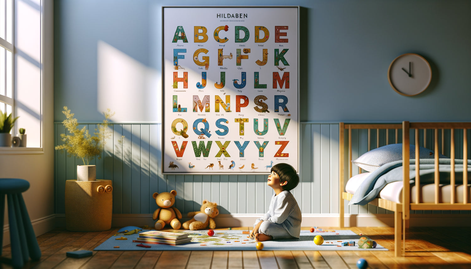 Enfant découvrant un tableau éducatif alphabet coloré dans sa chambre, apprentissage naturel de la lecture