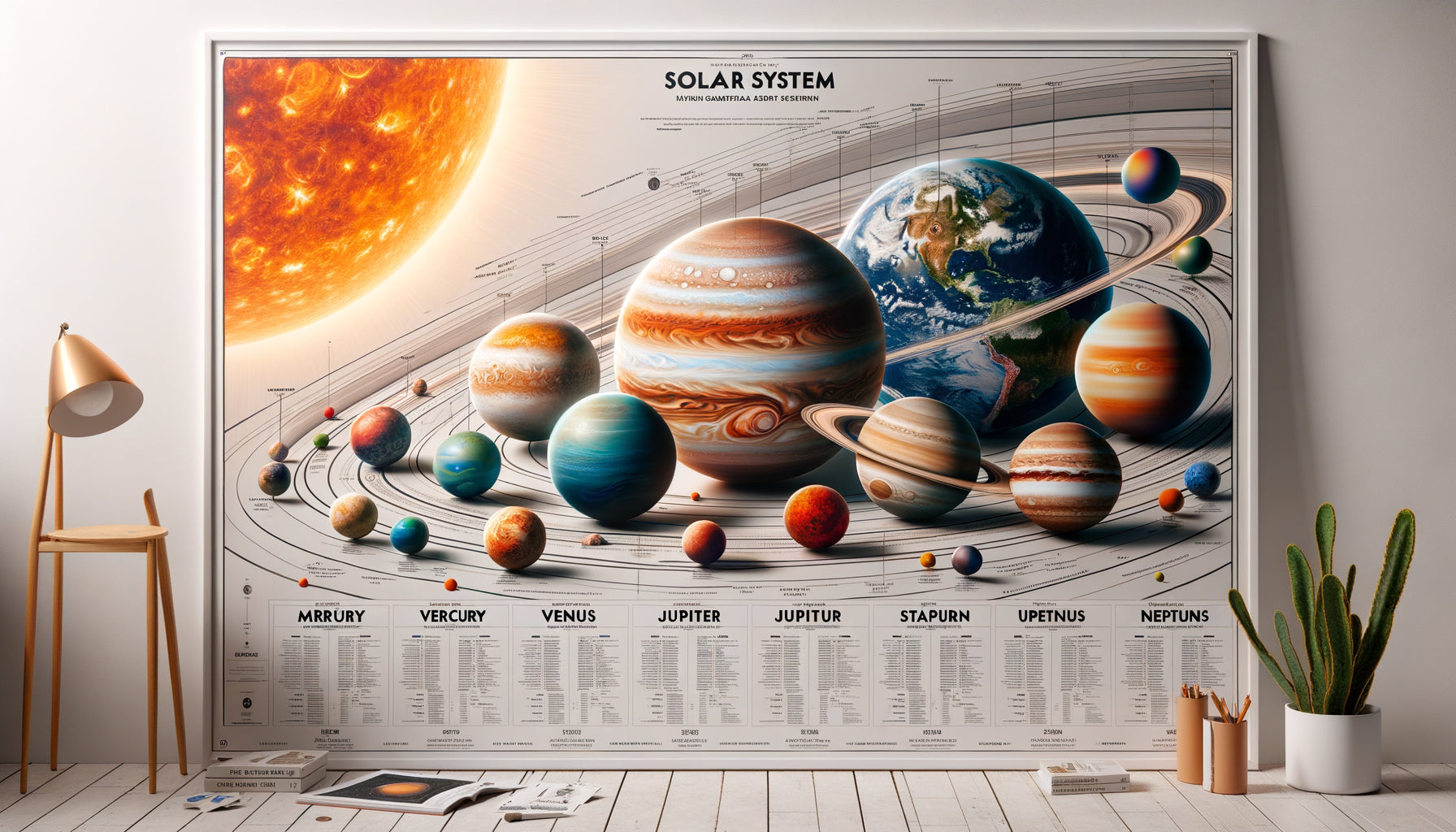 Tableau éducatif mural montrant les huit planètes du système solaire avec détails scientifiques précis pour l'apprentissage des enfants