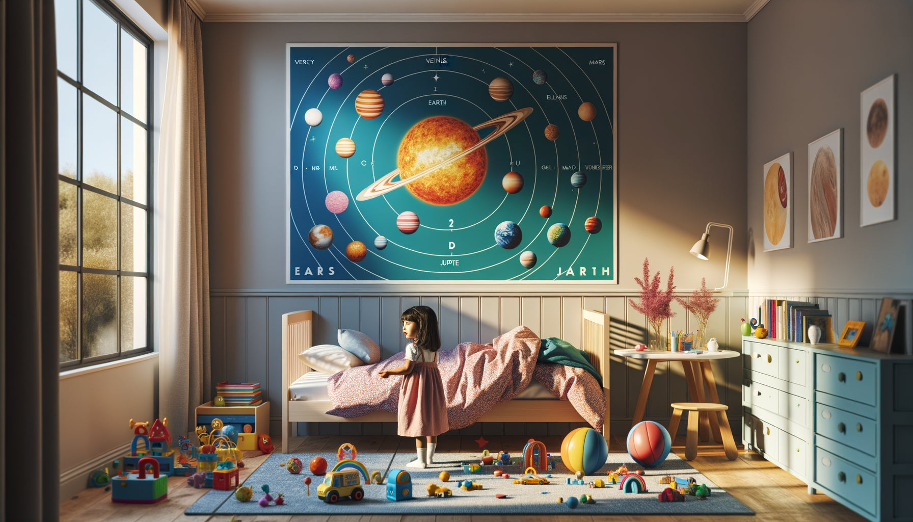 Enfant de 4 ans découvrant un tableau éducatif coloré du système solaire dans sa chambre
