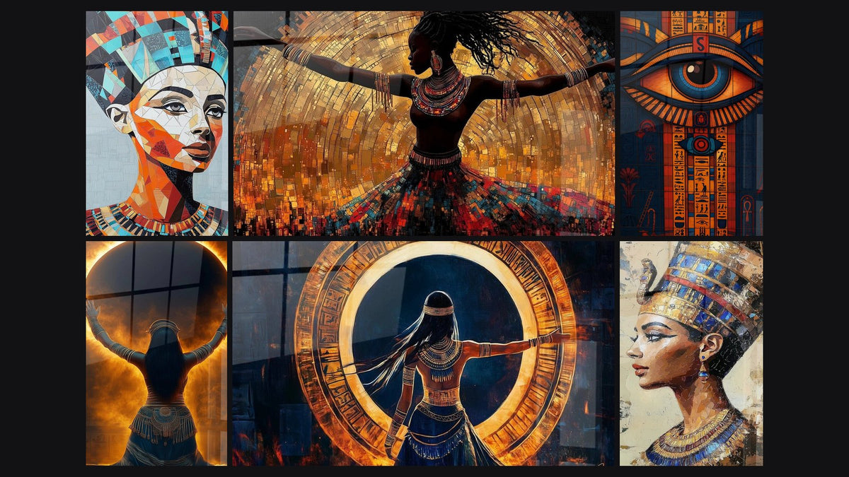 Mosaïque de six tableaux, dont Néfertiti Grâce des pyramides, Femme égyptienne offrande divine et Femme Rythme primordial