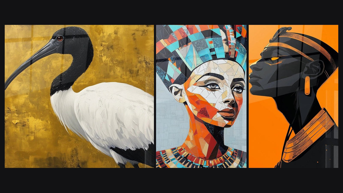 Mosaïque de trois tableaux : Ibis maître des eaux, Néfertiti Grâce des pyramides et Femme Africaine Déesse de bronze