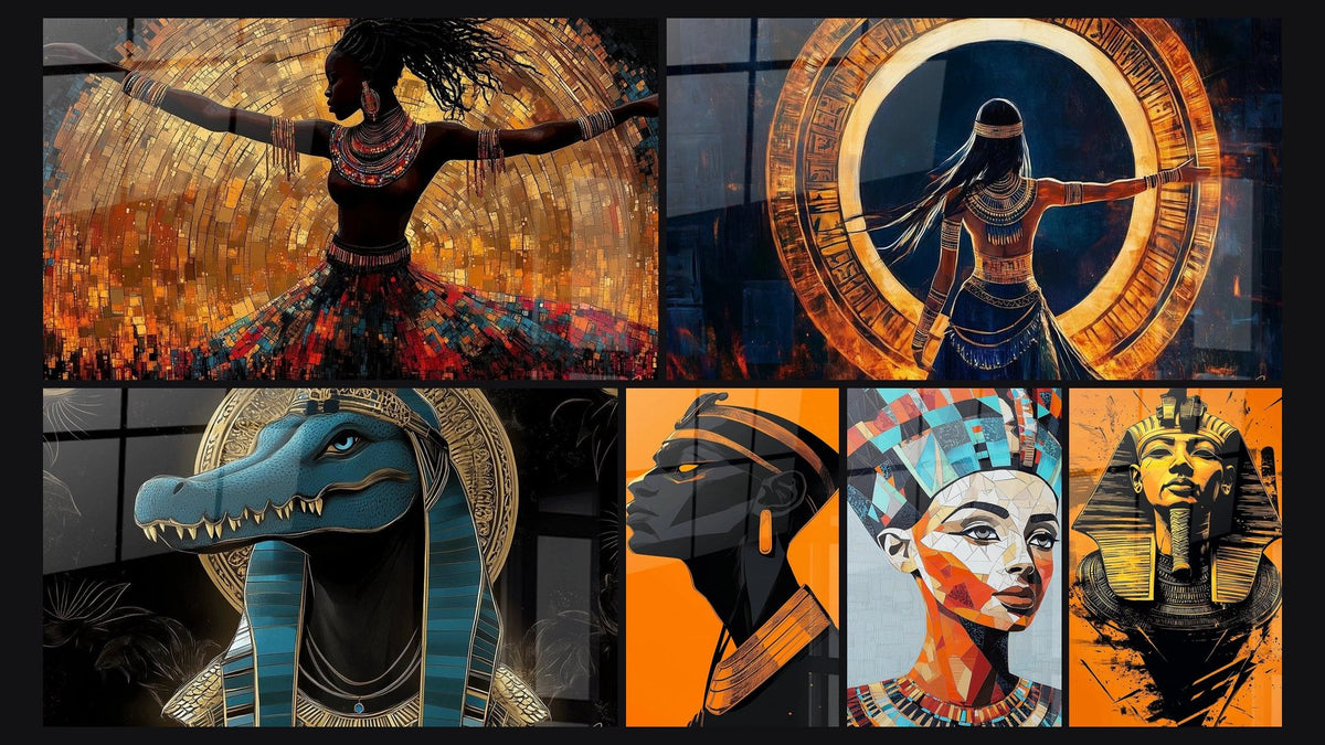 Mosaik aus sechs Gemälden, darunter Frau Urtakt, Kriegerin Seele des Reiches und Afrikanische Frau Göttin aus Bronze