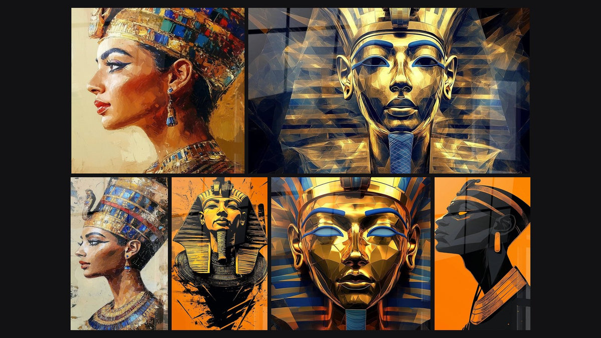 Mosaïque de six tableaux, dont Femme égyptienne Souffle du Nil et Néfertiti Beauté du désert