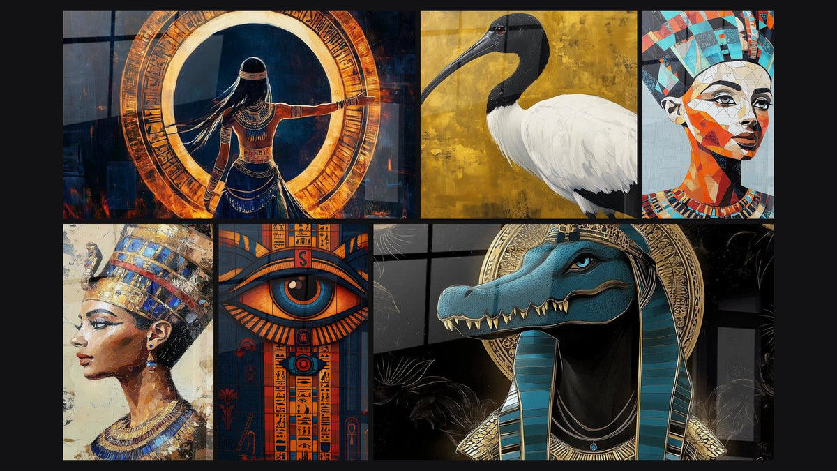 Mosaïque de six tableaux, dont Guerrière Âme du royaume, Ibis maître des eaux et Néfertiti Beauté du désert