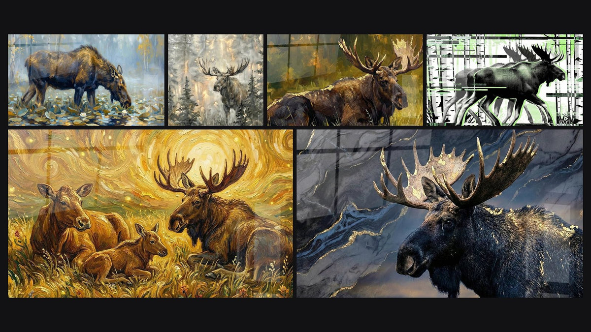 Mosaïque de six tableaux, dont Famille d'Élans aux Tourbillons Dorés et Élan Majestueux sur Fond Marbré Bleu et Or