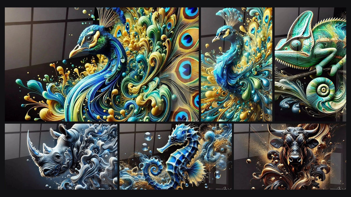 Mosaïque de six tableaux, dont Plumes d'Aquarelle, Splendeur du Paon et Sur le Fil des Couleurs