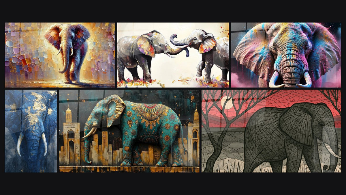 Mosaïque de six tableaux, dont Colosse de Lumière, Éléphant Bleu et Éléphant rêves d'orient