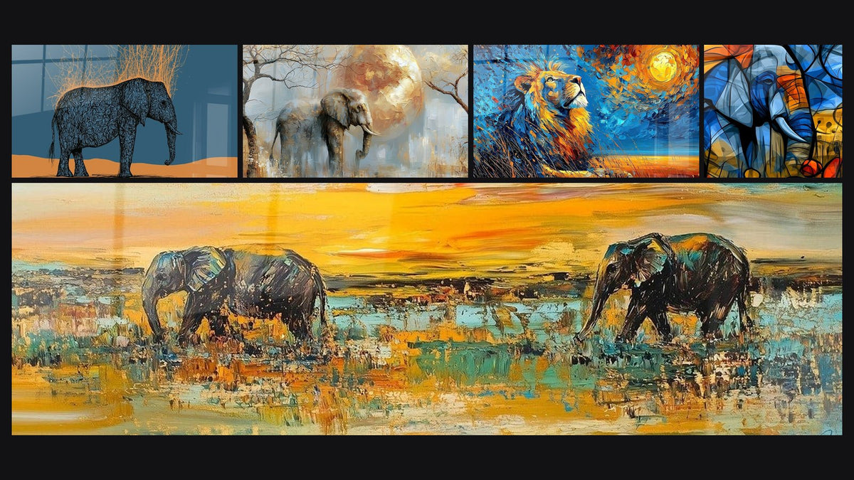 Mozaïek van vijf schilderijen, waaronder Gouden Olifant tegenover een Oker Zon en Olifanten Savanne Oranje