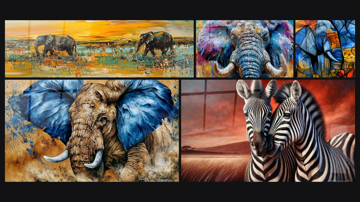 Mosaïque de cinq tableaux, dont Éléphants Savannah Orange, Éléphant ocre aux oreilles bleu électrique et Amour en Savane
