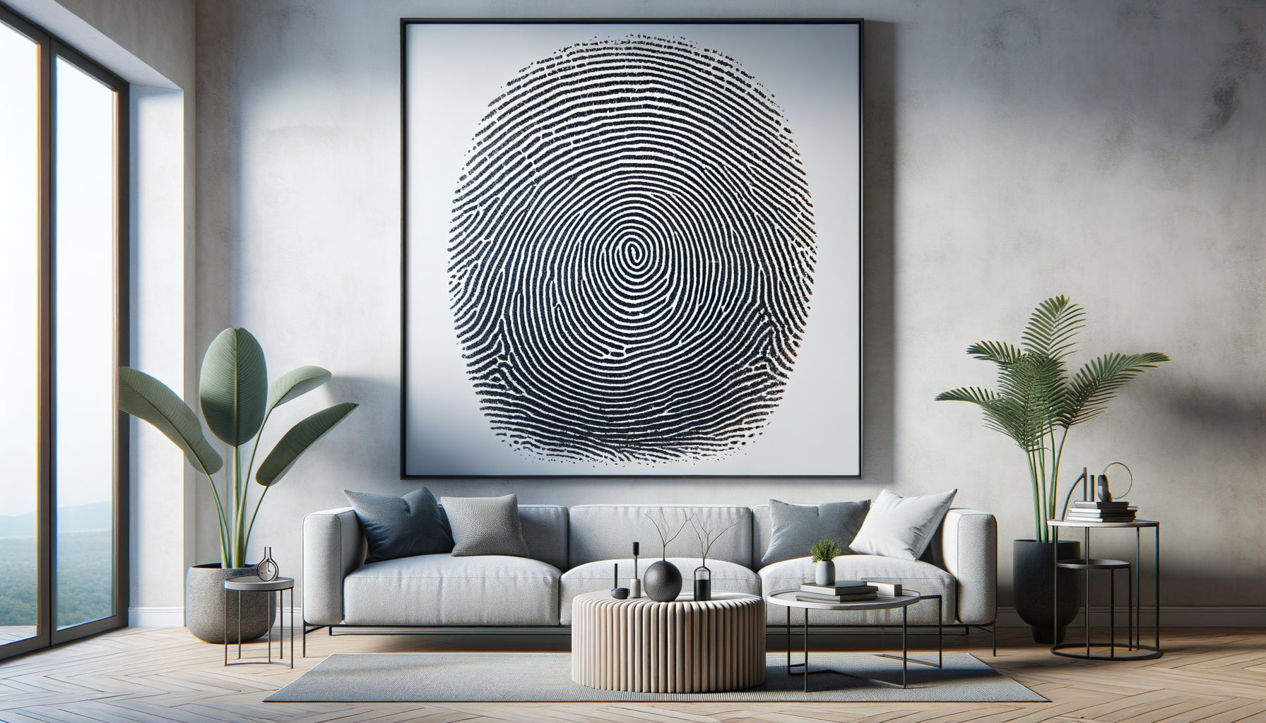 Tableau d'empreinte digitale agrandie en noir et blanc comme art contemporain dans intérieur Airbnb design