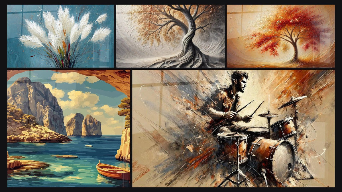 Mosaïque de cinq tableaux, dont Souffle de la Terre, Grotte Marine Capri et Batterie N°2