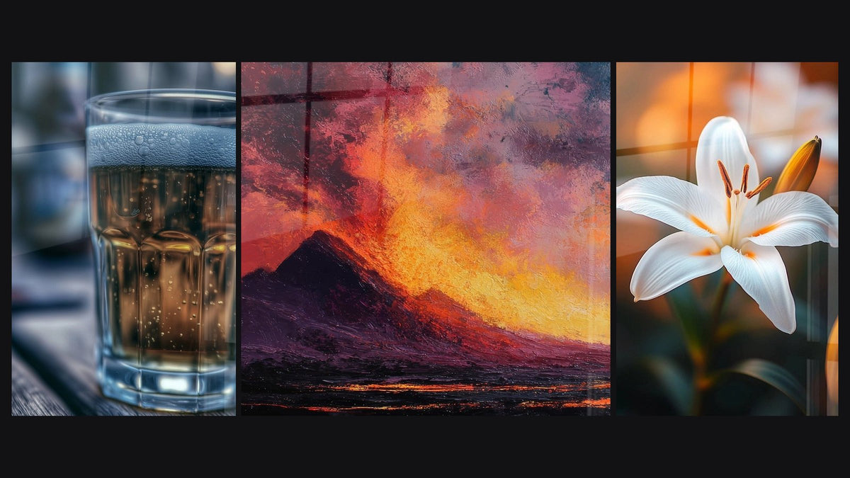 Mosaic of three paintings, including Volcano in Eruption and Lily Wall Art N°2
