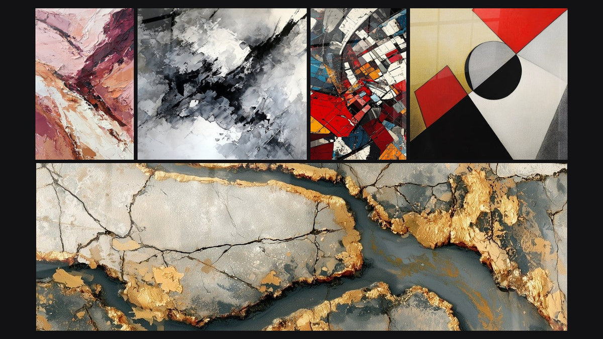 Mosaic of five paintings, including Architectural Revolution Modern, Golden Veined Marble and Colorful geometric shapes