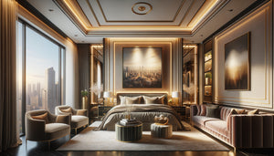 Suite présidentielle luxueuse avec tableau encadré traditionnel et montage dibond moderne sur mur d'accent