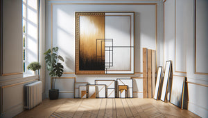 Comparaison visuelle entre un tableau déjà encadré accroché au mur et une toile avec plusieurs options de cadres à choisir