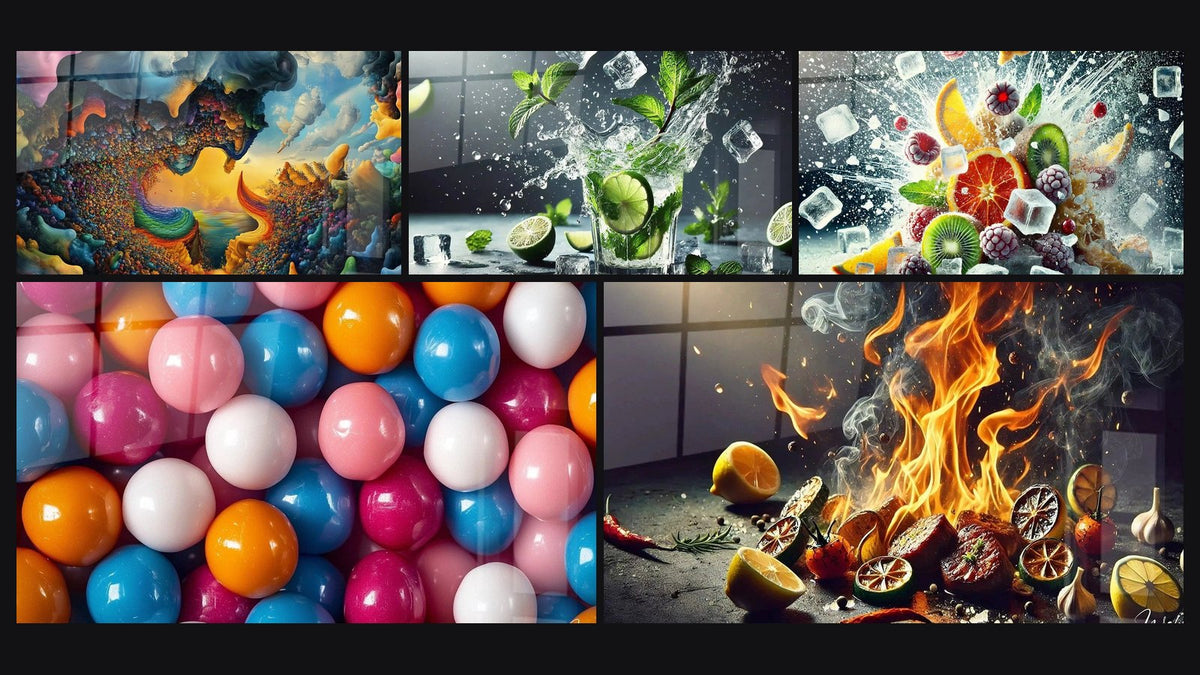 Mosaic of five paintings, including Cosmic Landscape, Dynamic Freshness and Icy Cocktail