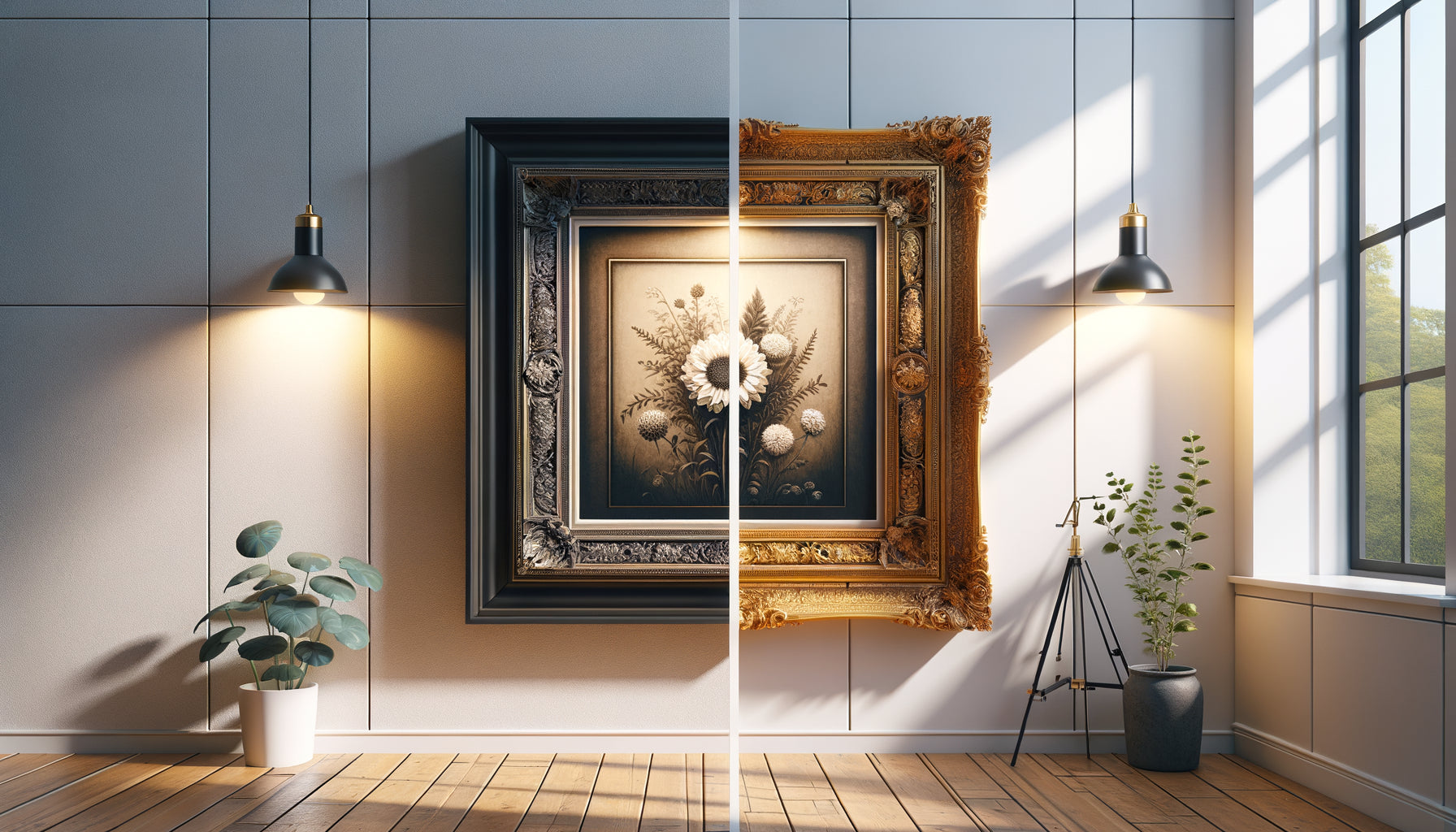 Comparaison visuelle entre tableau avec cadre standard et encadrement sur mesure de qualité