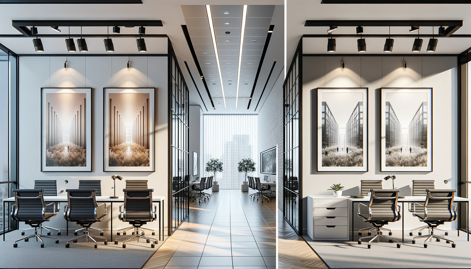 Comparaison visuelle entre tableau encadré sous verre et montage dibond dans un espace commercial professionnel moderne