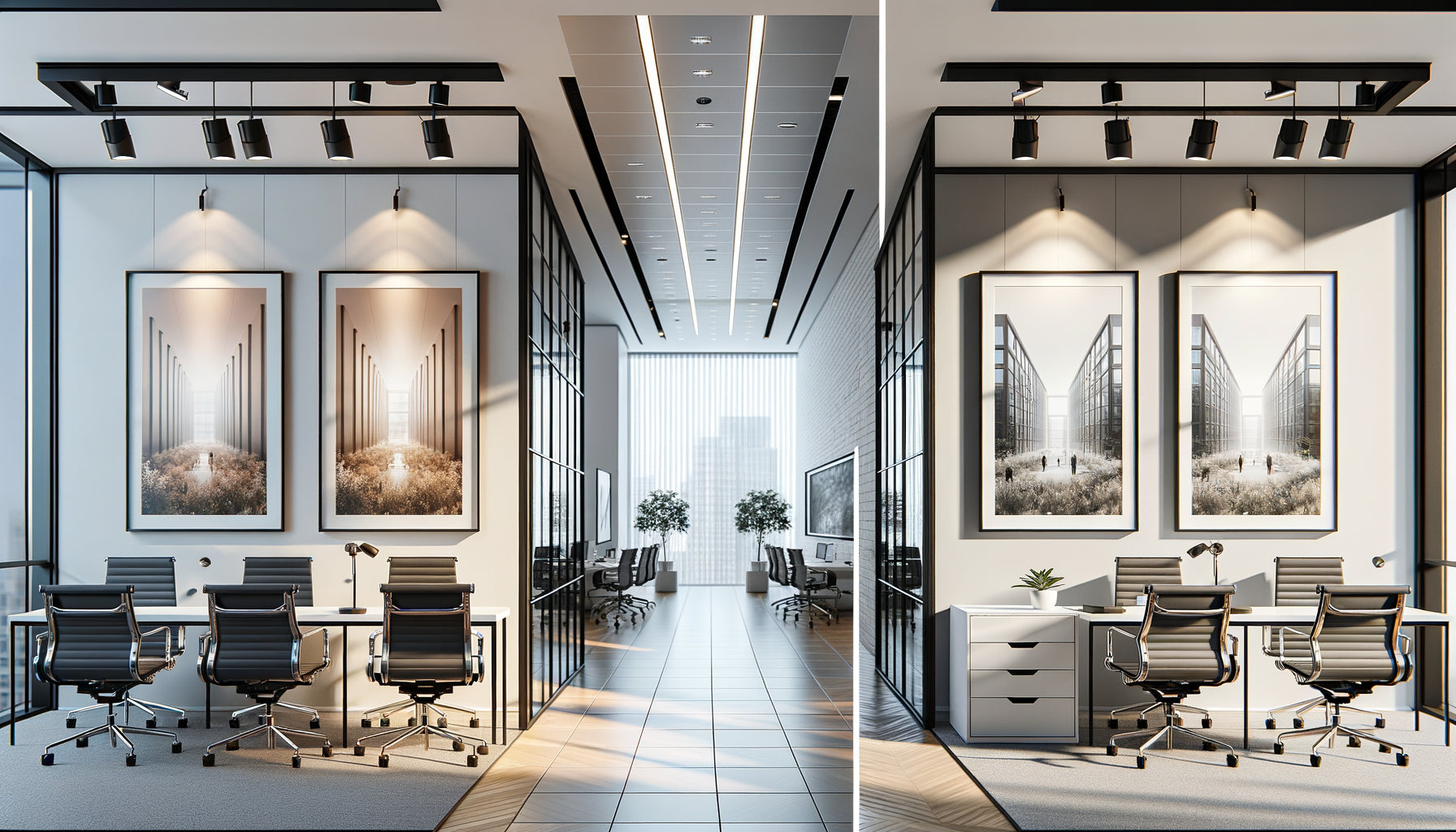 Comparaison visuelle entre tableau encadré sous verre et montage dibond dans un espace commercial professionnel moderne