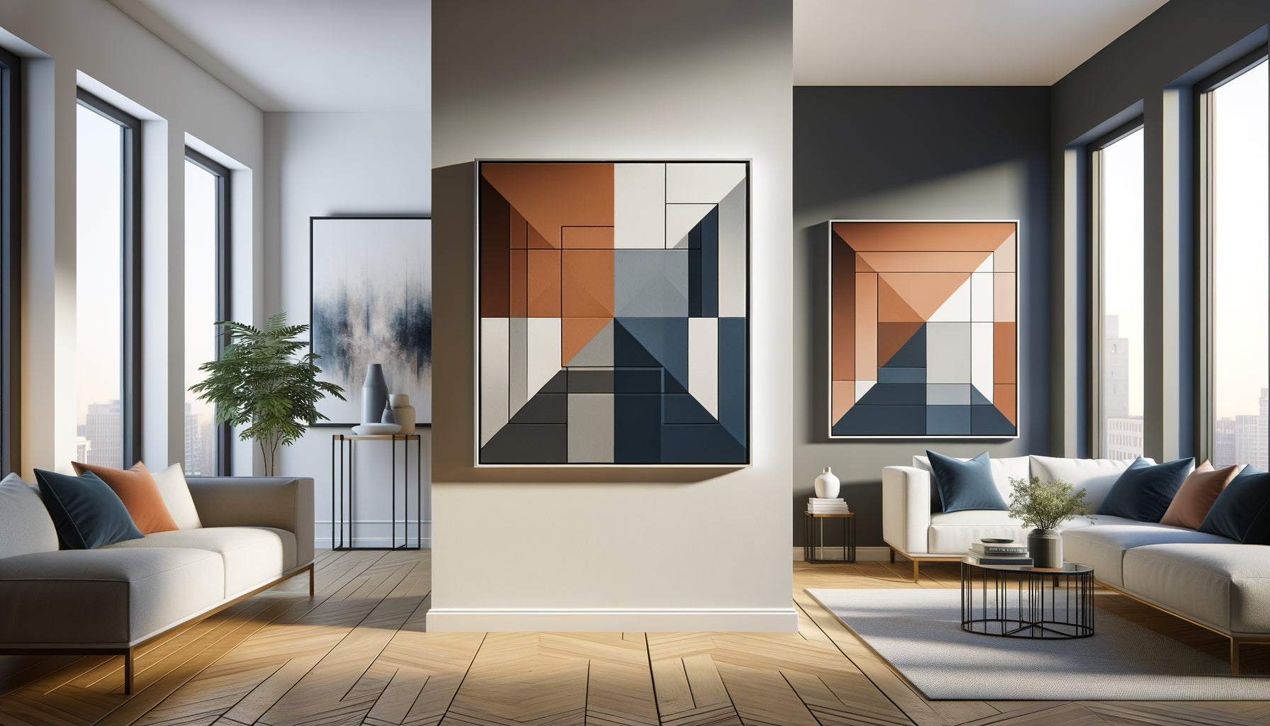 Comparaison tableau encadré et toile sur châssis dans intérieur contemporain professionnel