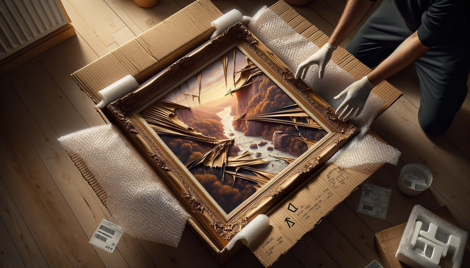 Tableau encadré endommagé lors du déballage d'un colis de livraison, angle déchiré et cadre fissuré