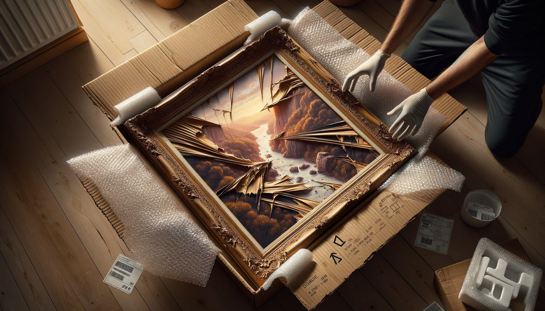 Tableau encadré endommagé lors du déballage d'un colis de livraison, angle déchiré et cadre fissuré