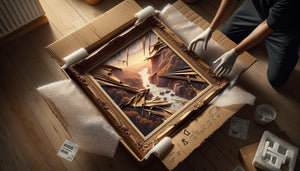 Tableau encadré endommagé lors du déballage d'un colis de livraison, angle déchiré et cadre fissuré