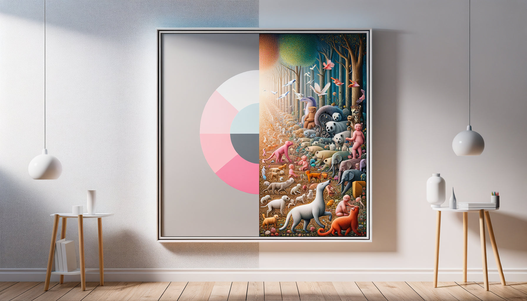Comparaison visuelle entre tableau minimaliste pour bébé et composition narrative détaillée pour enfant plus âgé