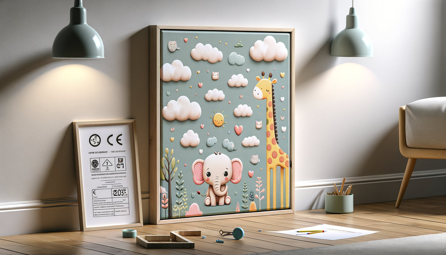 Tableau décoratif pour chambre d'enfant avec marquage CE et étiquette de conformité EN71 visibles