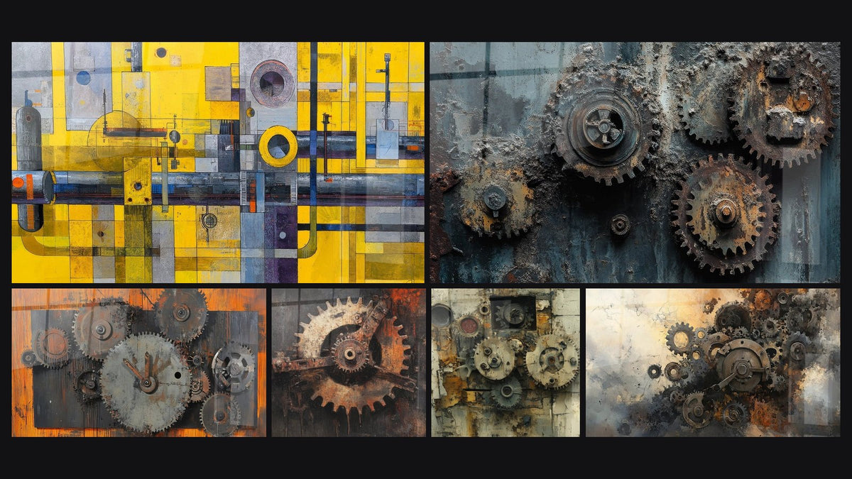 Mosaïque de six tableaux, dont Abstraction industrielle, Horloge engrenages industriels et Engrenages rouillés industriels