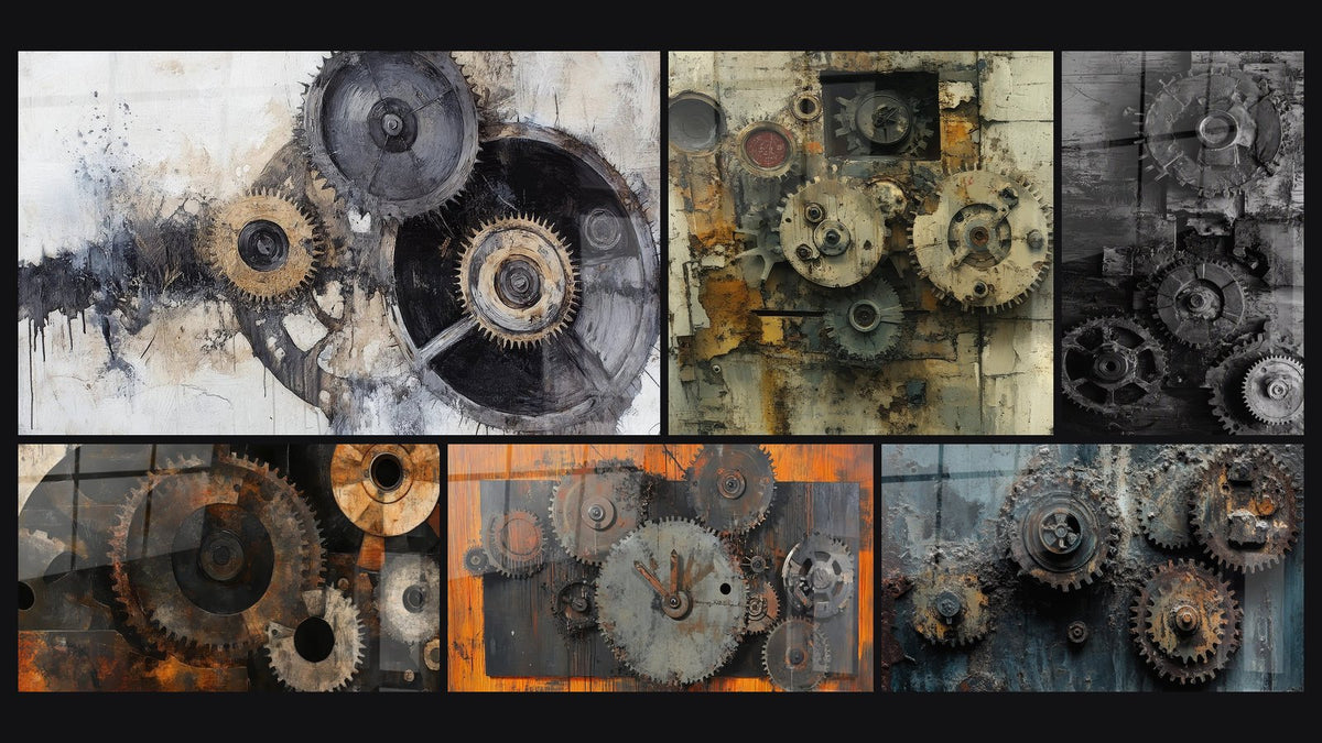 Mozaïek van zes schilderijen, waaronder Industriële Tandwielen, Geroeste tandwielen en Kloktafel industriële tandwielen