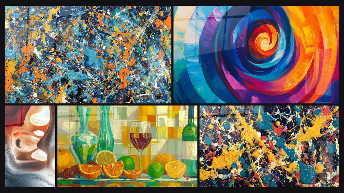 Mosaico de cinco cuadros, entre ellos Salpicaduras de colores y El Paso Blanco -Edición Relieve Abstracto
