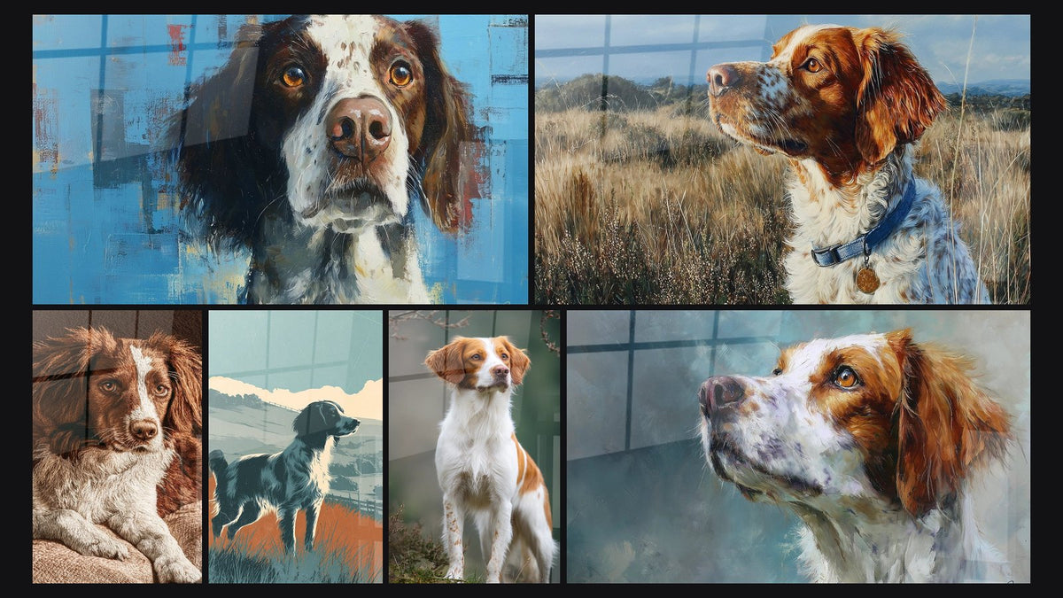 Mosaïque de six tableaux, dont Chien Noir et Blanc en Paysage Automnal et Épagneul Breton Blanc et Roux en Portrait