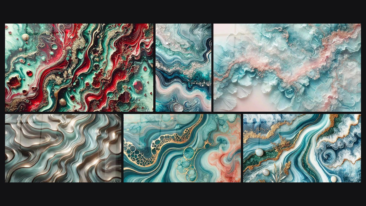 Mosaic of six paintings, including Emerald Fusion, Ethereal Curves and Watercolor Tide