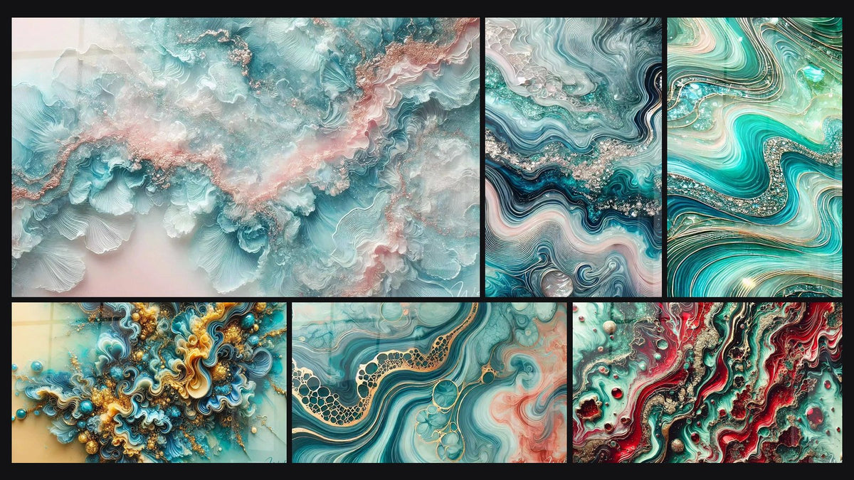 Mosaïque de six tableaux, dont Éclat de Rosée, Vagues de Saphir et Marée d'Aquarelle