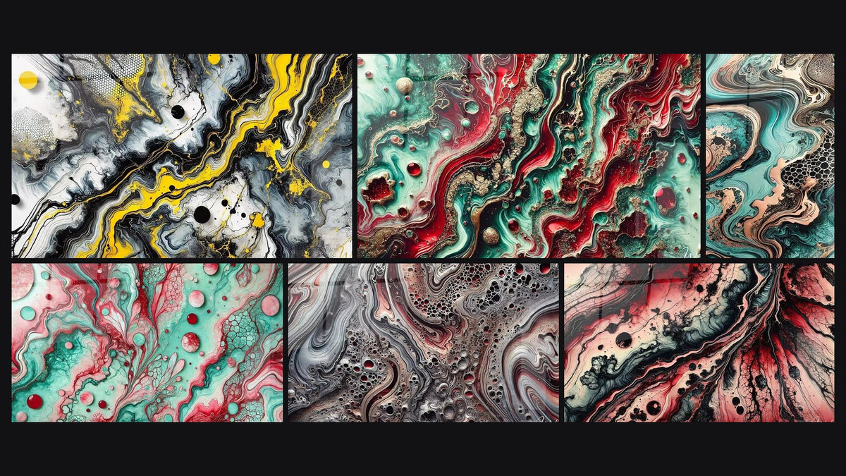 Mosaïque de six tableaux, dont Impact Noir, Chaleur de Rubellite et Résonance Abyssale