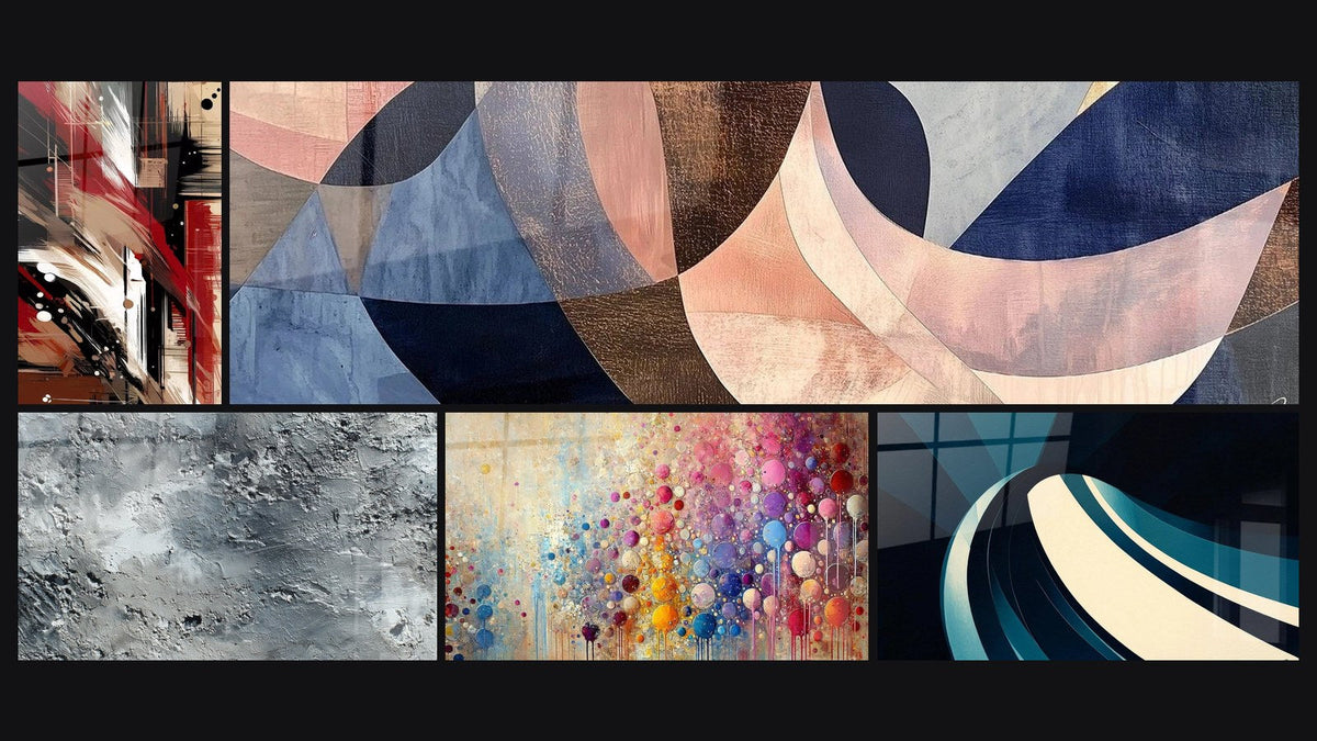 Mosaico de cinco cuadros, entre ellos Desorden Estructurado, Abstracto gris plateado texturizado y Mosaico de Esferas