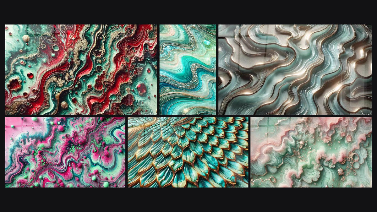 Mosaic of six paintings, including Emerald Fusion, Psychedelic Bloom and Crystalline Waves